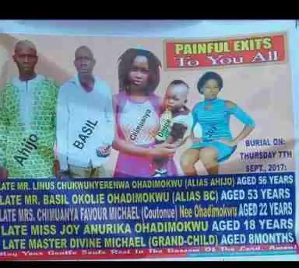 Sad! Obituary Of Family Of Five Including 8-Month Baby Allegedly Poisoned To Death